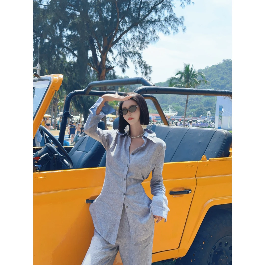 DUOMI【御姐秘密】淡紫色净版翻领多扣喇叭袖上衣裤子套装