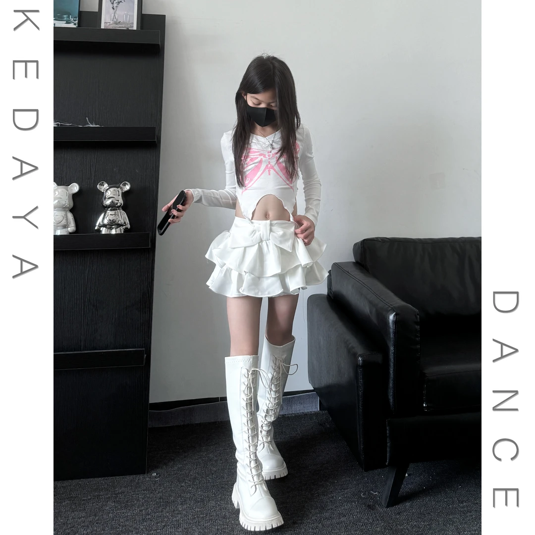 甜酷女童爵士舞套装露脐长袖T恤蝴蝶结蛋糕裙少儿街舞女团演出服