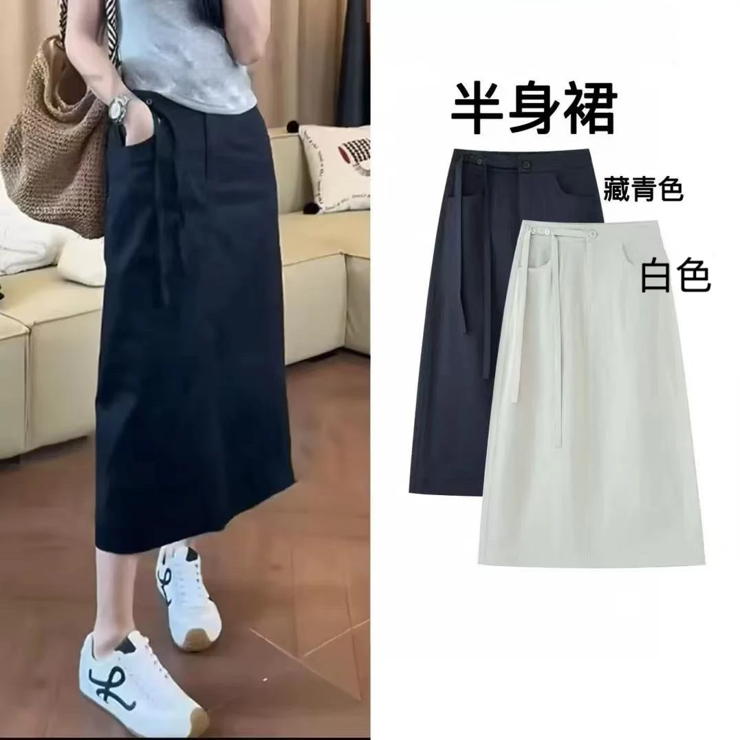 【飘带设计】夏季裙通勤高腰后开叉系带直筒半身裙中长款8168