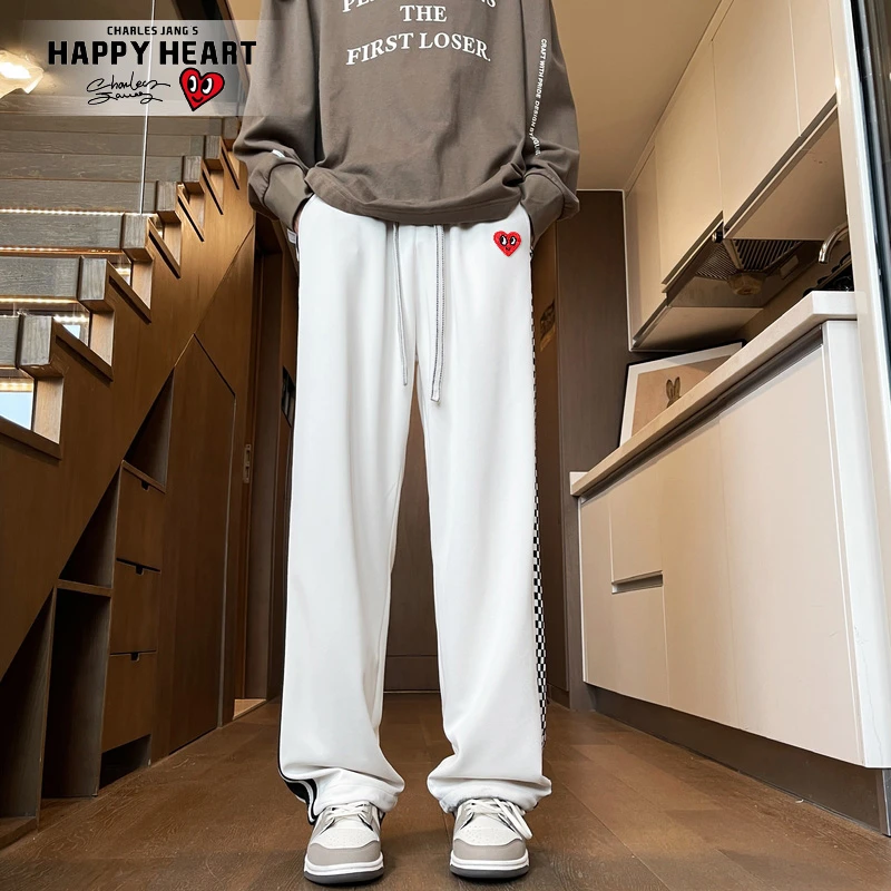 查尔斯桃心 休闲裤男美式宽松拼接直筒侧边编织带高街运动卫裤