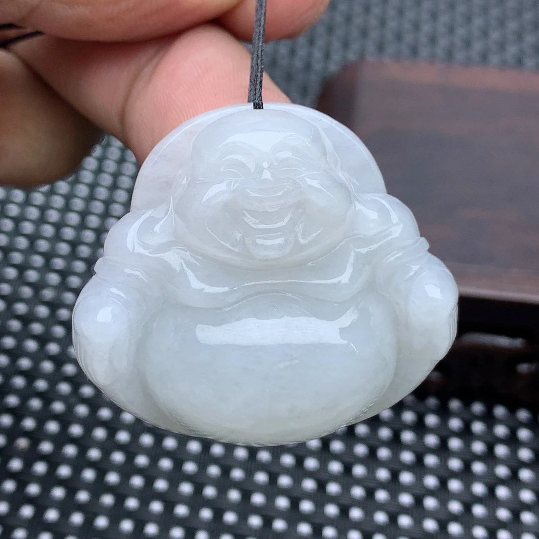 缅甸天然翡翠a货厚装佛公白月光大肚佛吊坠挂坠妈妈白色雕刻精美