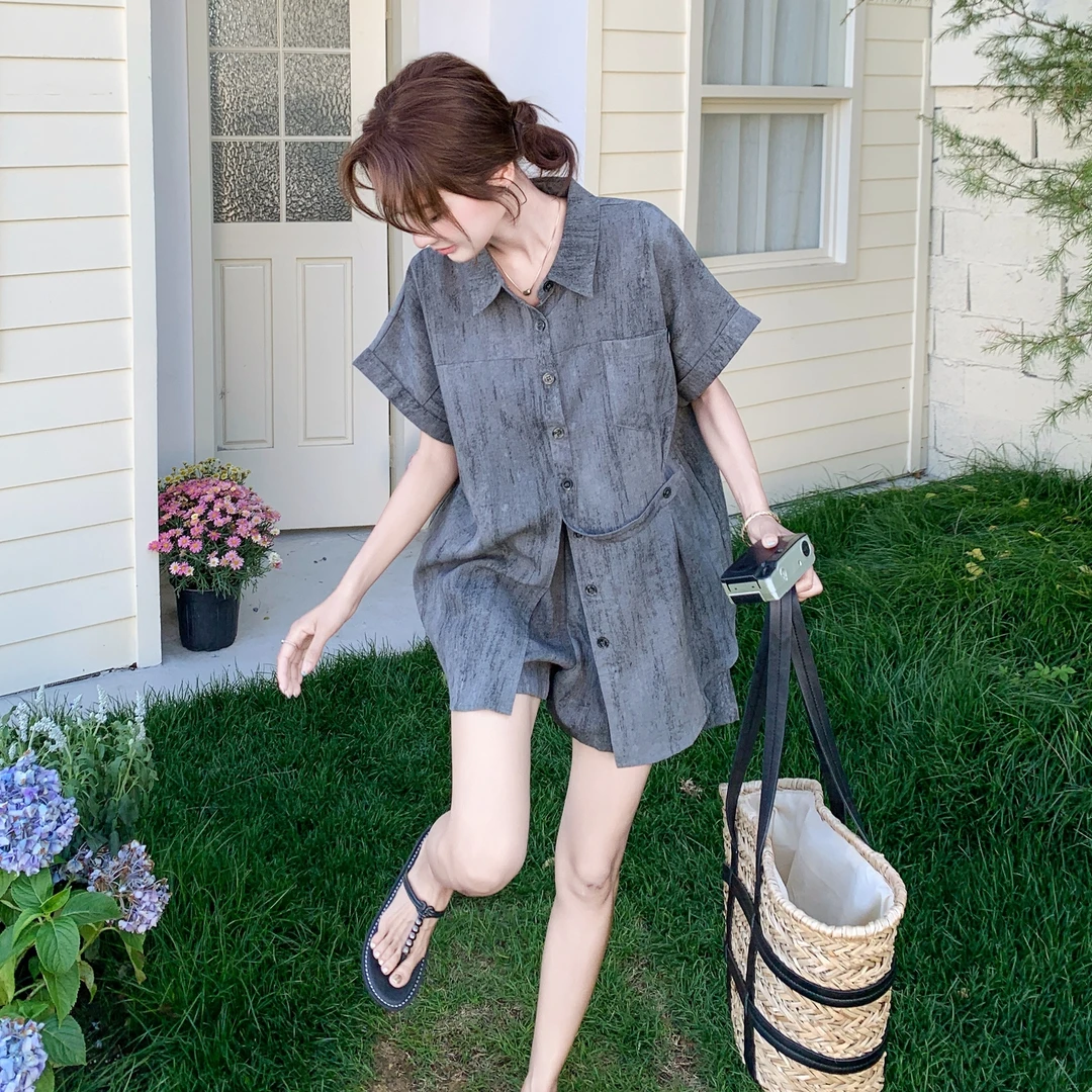 时尚慵懒风休闲套装女2025夏季新款韩版设计感扎染洋气复古两件套