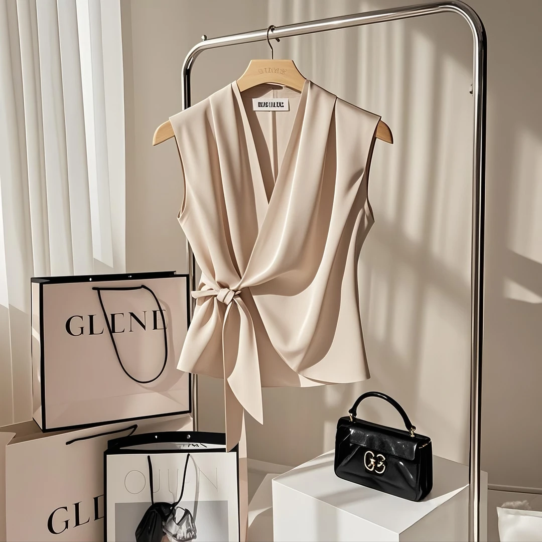 时尚交叉V领系带衬衫女士夏季新款气质收腰显瘦背心无袖缎面上衣