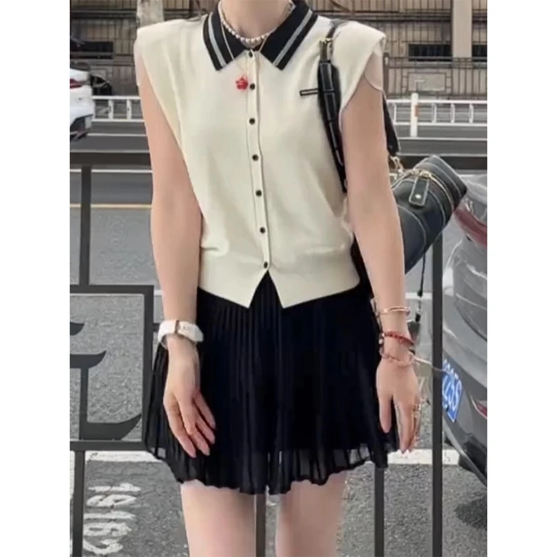 韩系学院风撞色POLO领坎肩针织背心上衣+遮跨显瘦短裙洋气两件套
