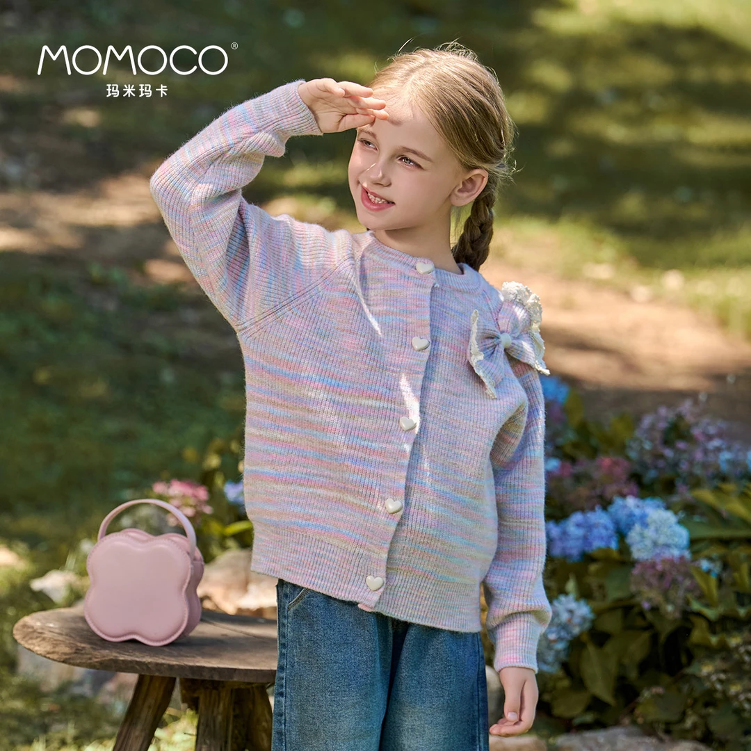 MOMOCO2024款秋季女童洋气百搭蝴蝶结开衫75730112005