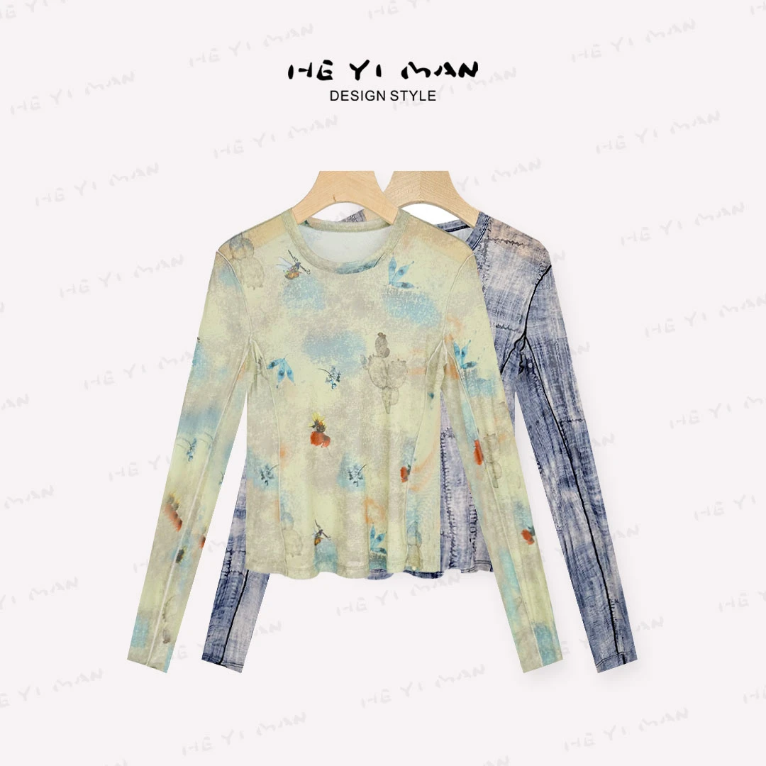 【何以慢】蕾丝镂空印花修身重工圆领长袖T恤A0-A5422