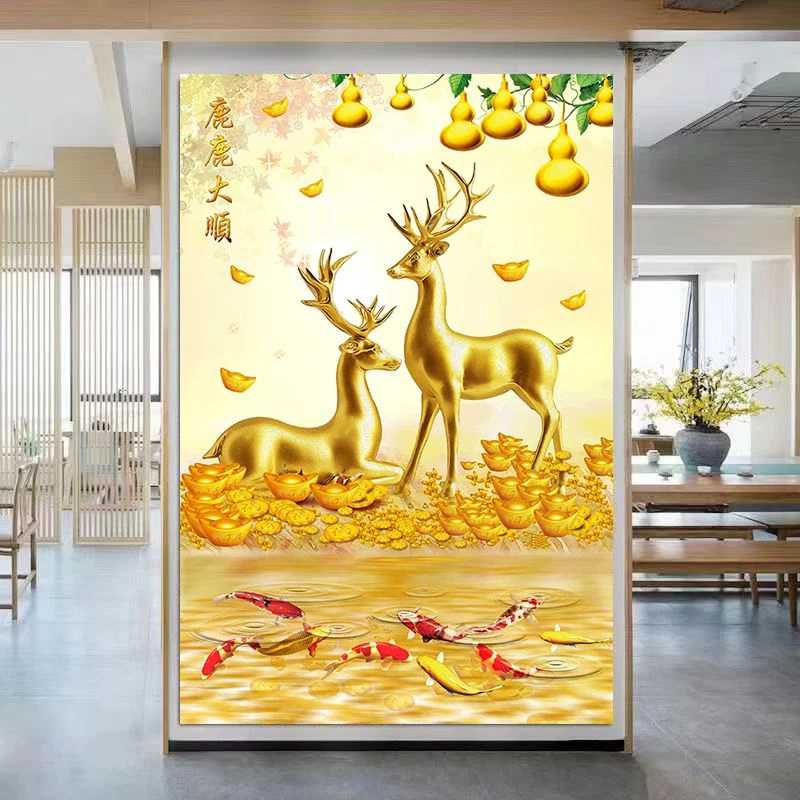 福禄双全鹿鹿大顺新中式客厅玄关壁画九鱼招财画福运满屋自粘贴画