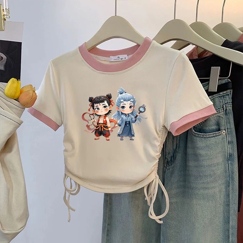 哪吒可爱新款卡通儿童短袖纯棉T恤夏季女童抽绳衣服中小童洋气