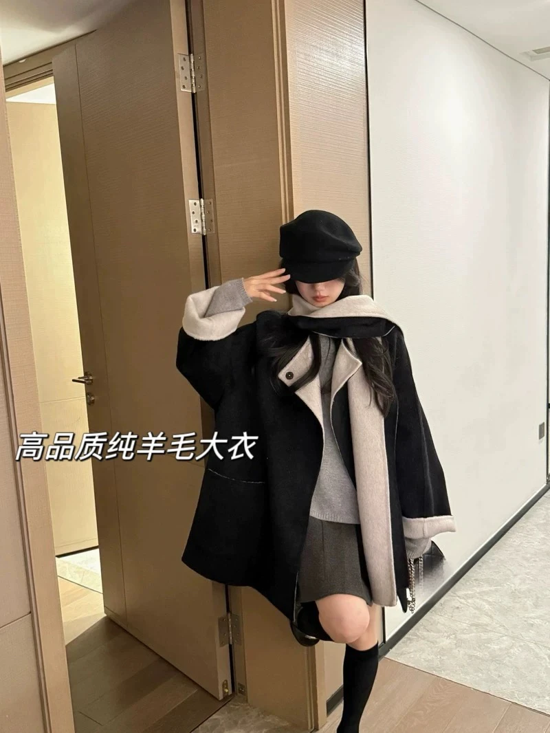 2025秋冬韩版双面羊绒大衣女宽松休闲羊毛呢外套围巾领AB面设计感