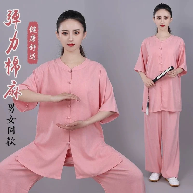 夏季太极服低领短袖弹力棉麻男女练功透气禅修武术拳晨练八段锦服