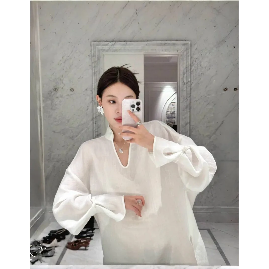 新中式气质国风衬衫白色长袖V领衬衣阔腿裤春季新款两件套