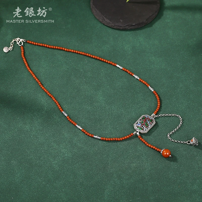 【老银坊】s925银南红竹林花窗套链 0022866