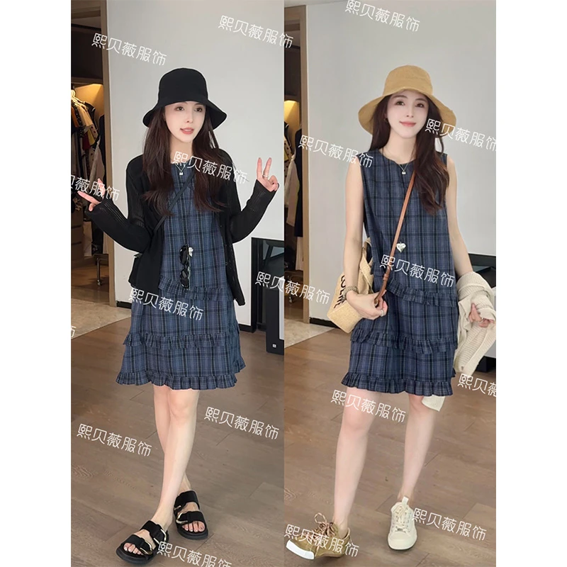 熙贝薇2  不规则花边格纹背心裙新款复古百搭休闲风连衣裙 G7909