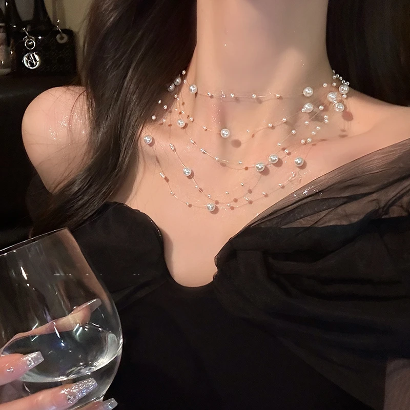 合金项链 白月光~多层珍珠项链女爆款法式高级感锁骨链悬浮鱼线