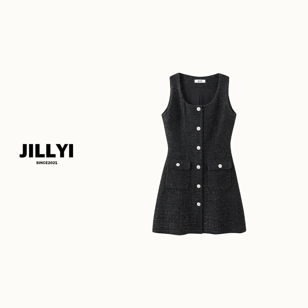 jillyi【梦幻星空】香香子流苏钻石名媛气质小香风无袖圆领连衣裙