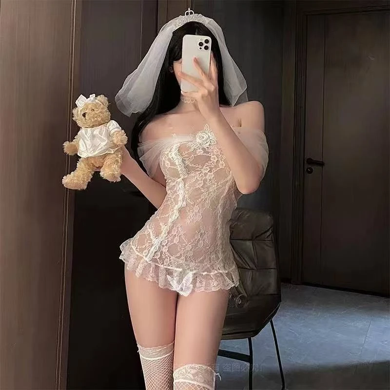 情侣趣味2025新一字肩微透蕾丝新娘装睡衣内衣婚纱纯欲紫色包臀裙