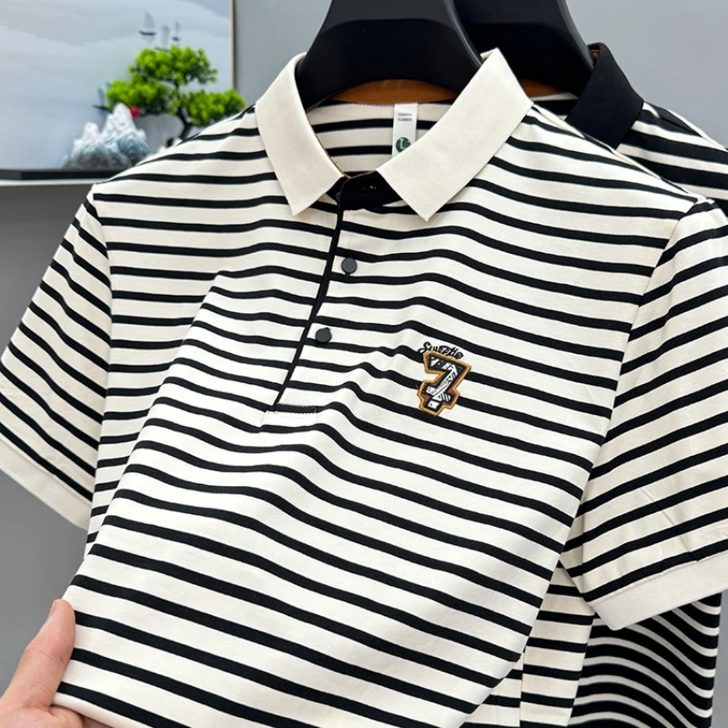 CATIA SELI翻领条纹短袖t恤男士夏季刺绣polo衫百搭休闲半袖上衣