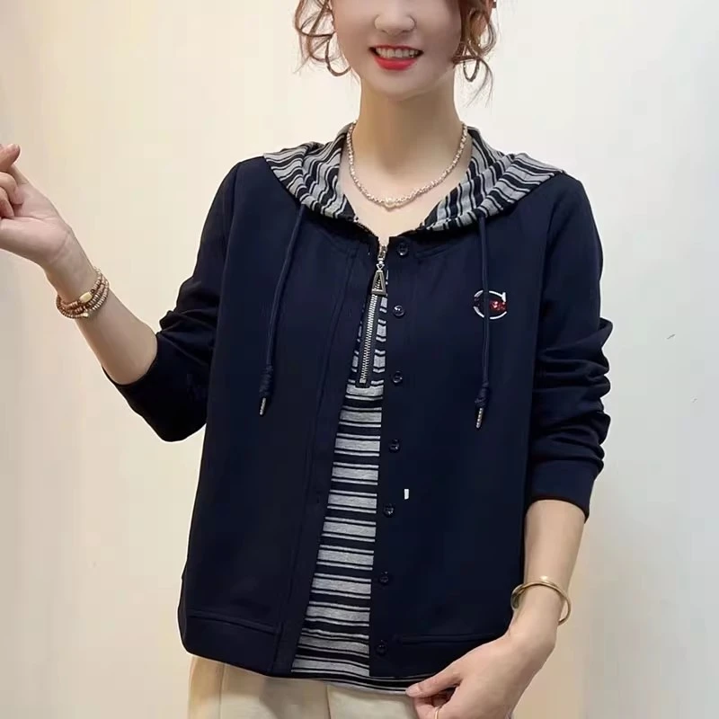 假两件条纹连帽长袖卫衣女2025秋季新款韩版休闲时尚宽松显瘦上衣