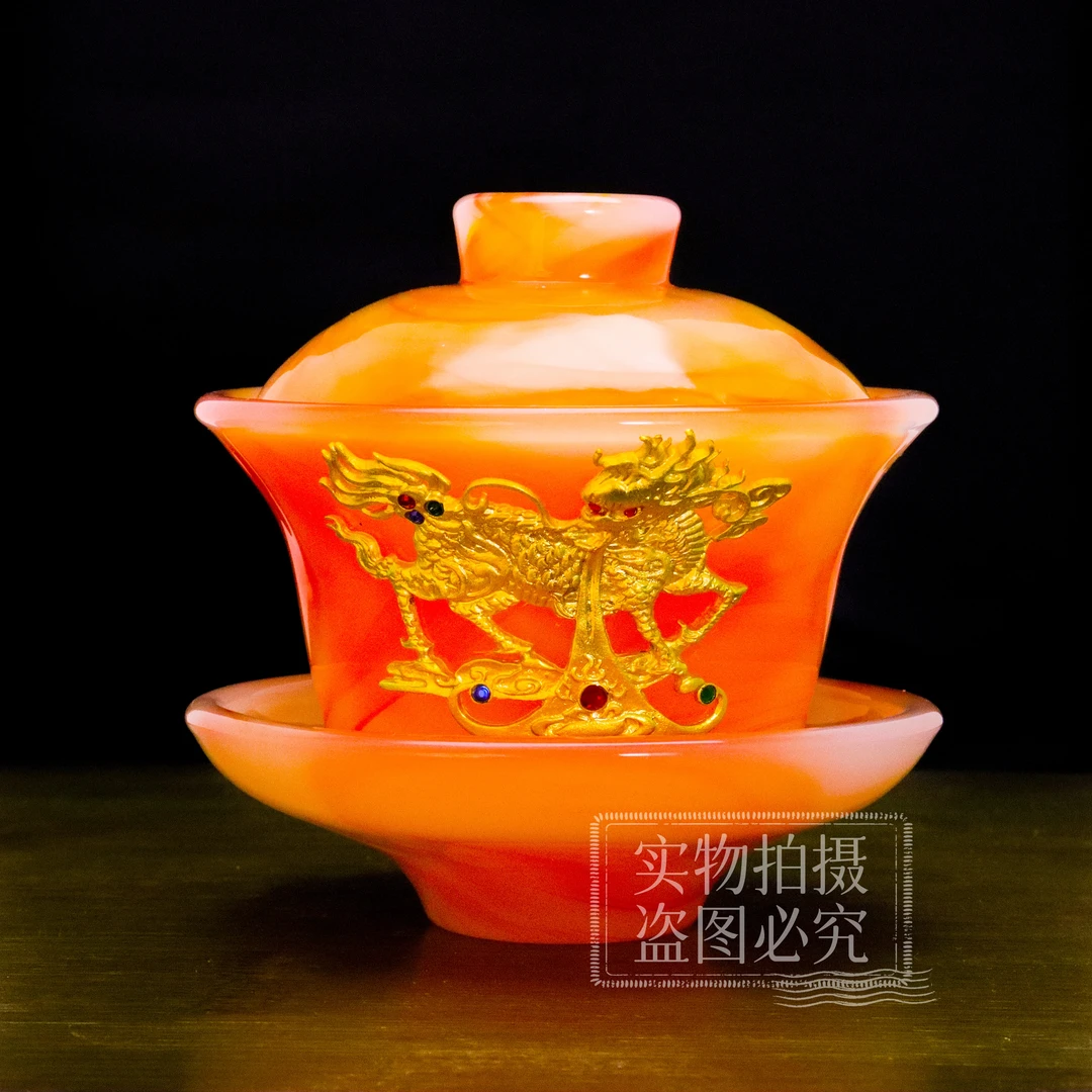 正品《镶·麒麟献瑞》玛瑙红琉璃玉瓷三才盖碗/容量150毫升
