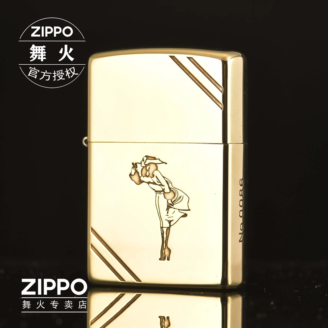 ZIPPO经典之宝打火机原装金色防风纯铜精雕切角风中女郎DYJ1