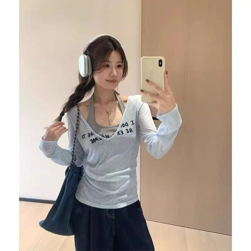 2025初夏多巴胺穿搭一整套夏季女装防晒罩衫叠穿挂脖背心两件套装
