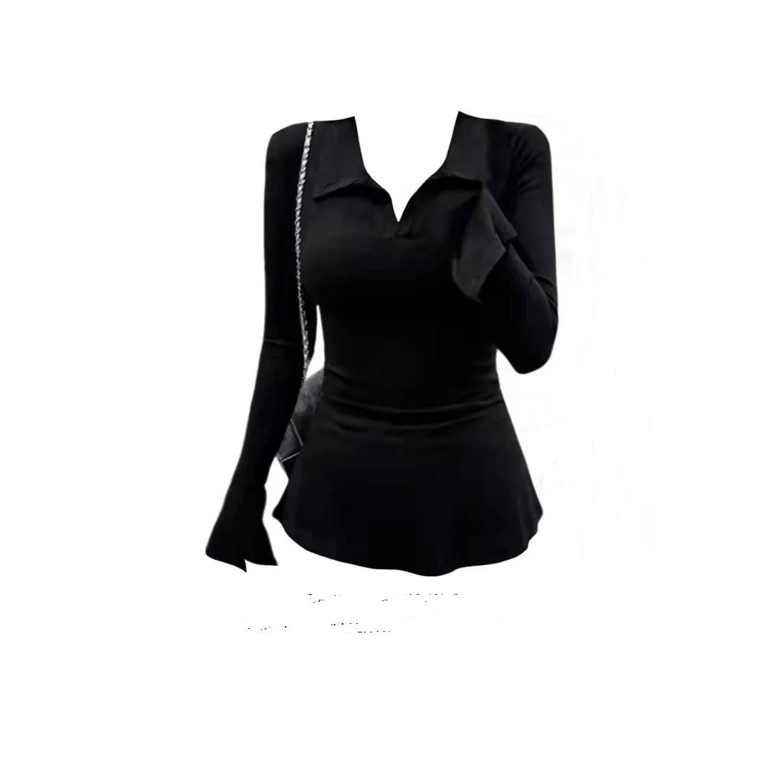 赛猪头家【巴黎旧梦加绒】垫肩喇叭袖polo领长袖修身上衣