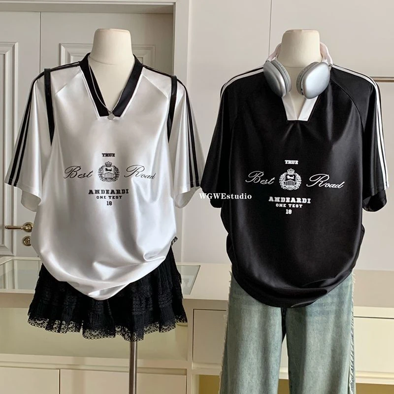 美式复古亮面缎面球衣短袖T恤男女夏季款潮牌设计感小众印花体恤