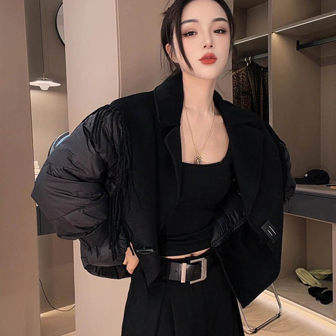 双面90白鸭绒拼接羽绒服女2025冬新款时尚流苏气质显瘦短外套525