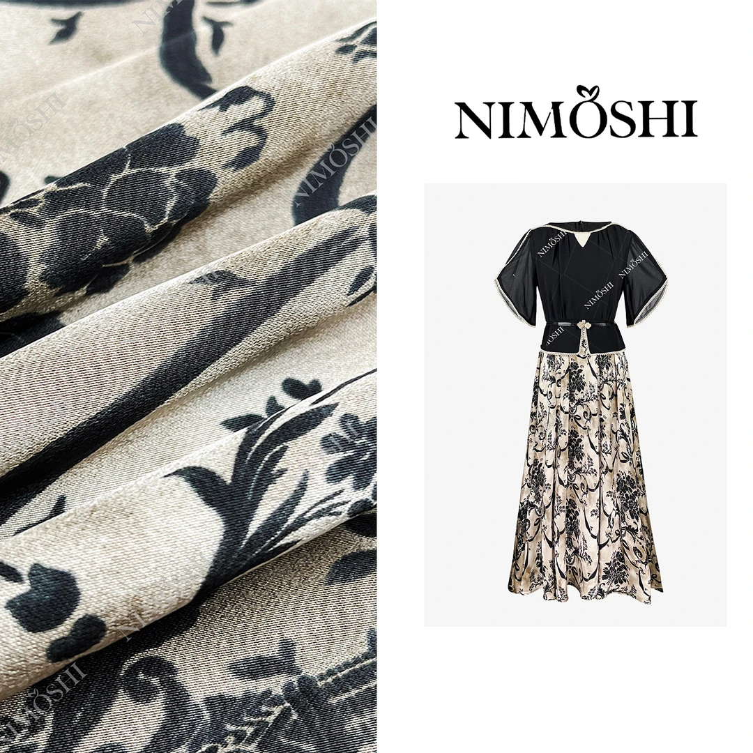 NIMOSHI【倩倩】欧式高奢黑白拼接高腰大裙摆减龄碎花风连衣裙Q1975