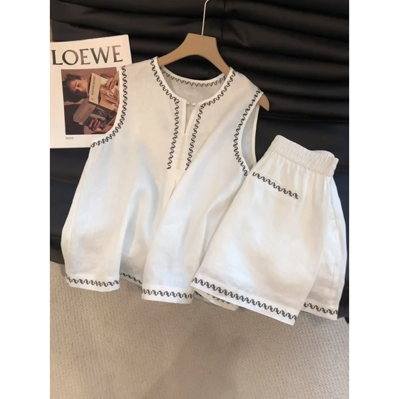 设计感撞色刺绣百搭睡衣套装女夏季新款短裤休闲背心家居服两件套