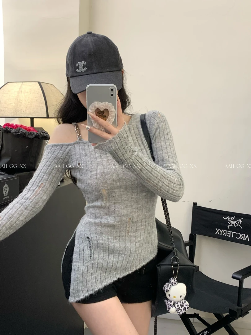 XX 2025秋季新款斜肩性感毛衣纯欲净色上衣女辣妹显瘦气质风