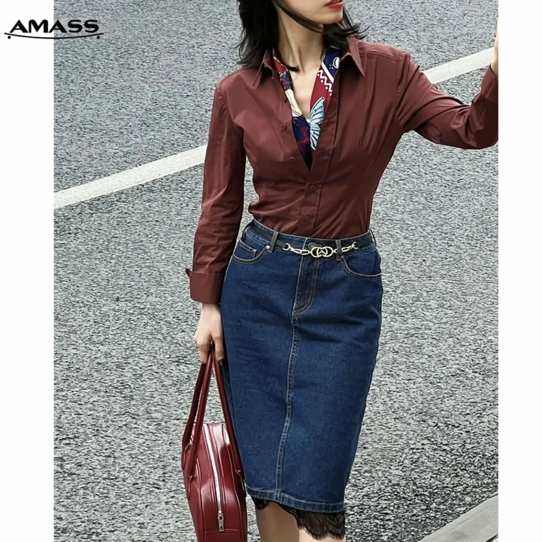 AMASS/阿玛施新款法式知性高腰显瘦开叉蕾丝包臀牛仔半身裙520013