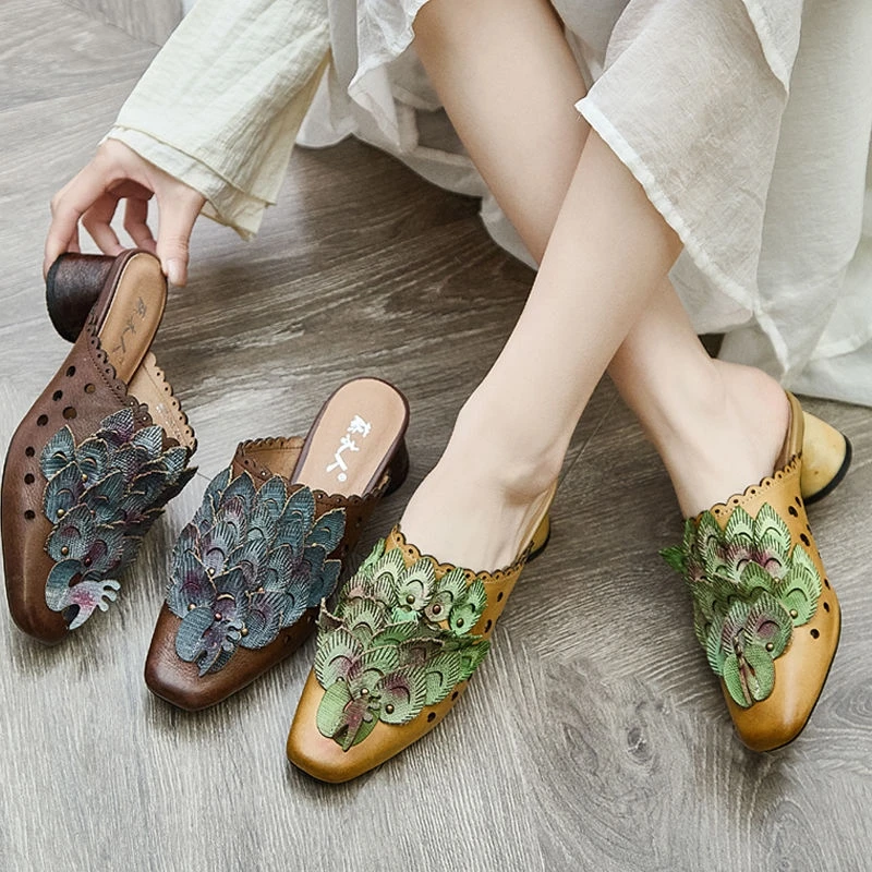 凉鞋拖精致花朵一字拖2025新款夏季高跟鞋真皮包头女士拖鞋子外穿