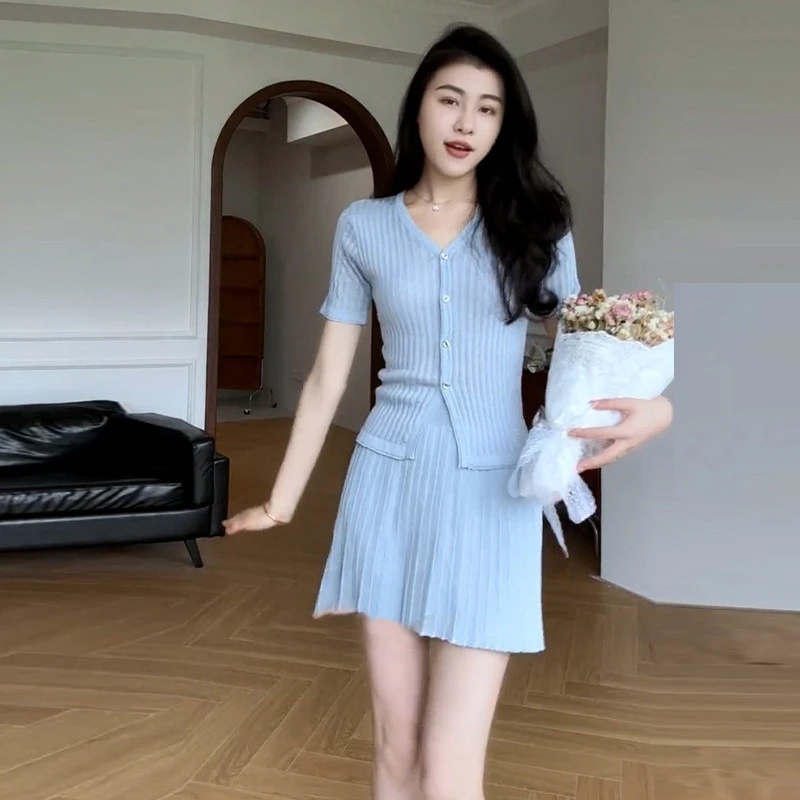 气质夏装搭配一整套蓝色针织连衣裙子女夏季2025新款高级感套装裙