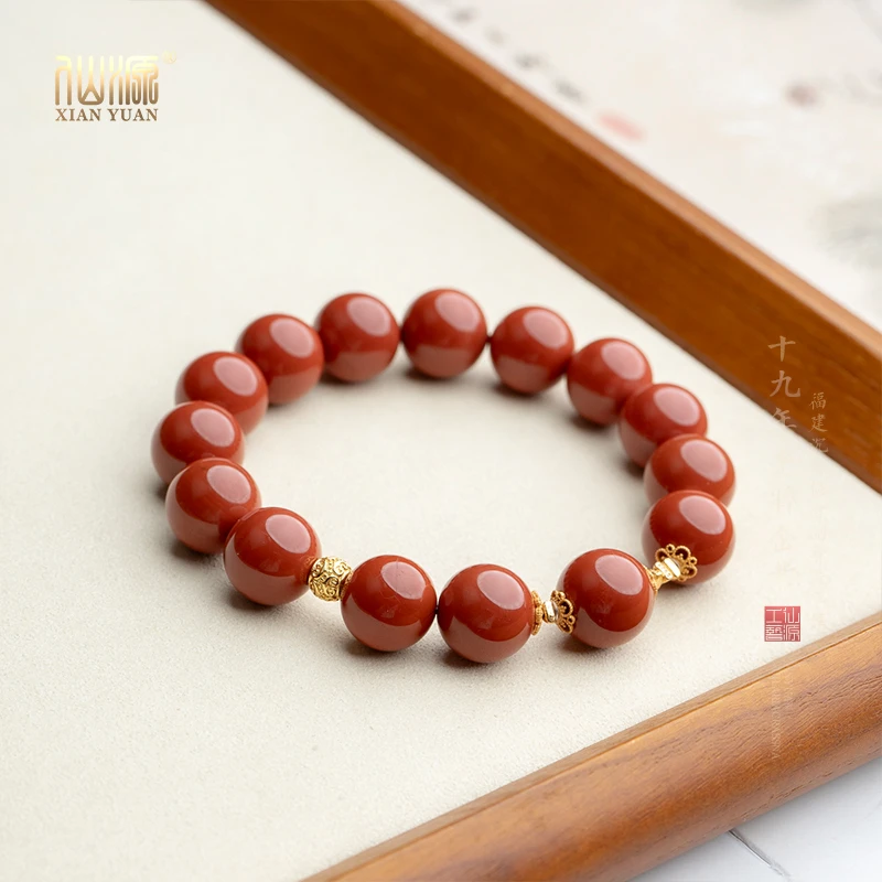 南红12mm+圆珠s925碎银单圈手串新中式国风珠宝手串