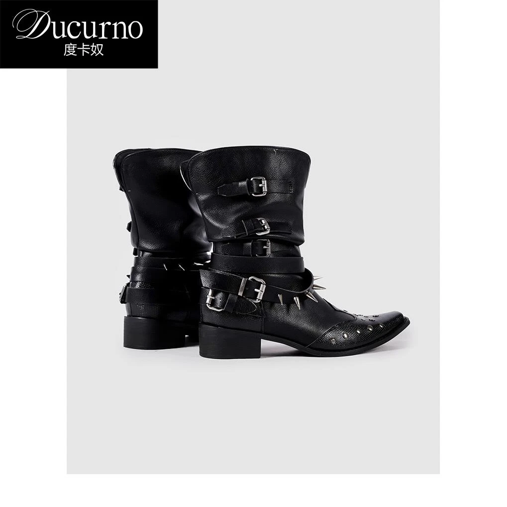 DUCURNO 覆古尖头西部牛仔靴铆钉褶皱粗跟朋克废土风靴子辣妹女靴