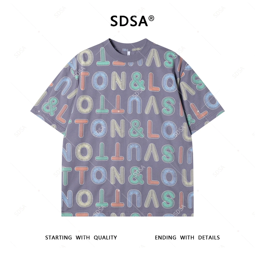 夏季高级感新款男士美式彩色印花字母满印短袖T恤百搭圆领上衣