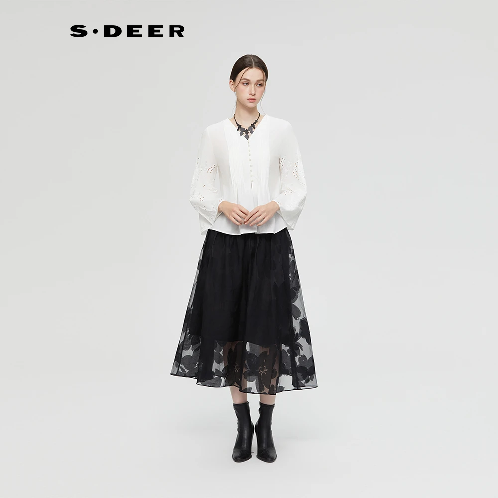 S·DEER圣迪奥女装衬衣气质长袖白色短款时尚女秋季上衣S253Z0546