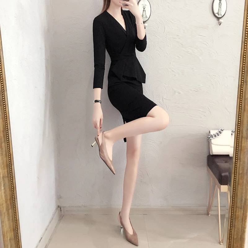 8211气质OL职业V领工作服公司正装上班族连衣裙