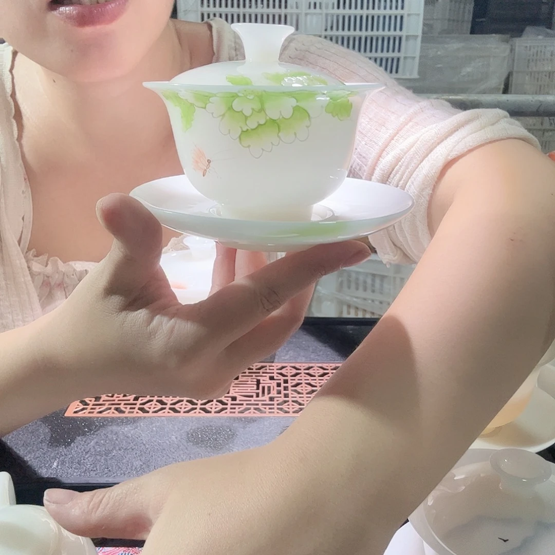 璞玉陶瓷立体手绘三才盖碗元宝