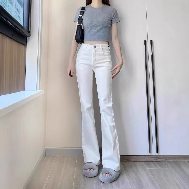 白色微喇牛仔裤女大码夏季薄款高腰显瘦修身直筒喇叭裤垂感拖地裤