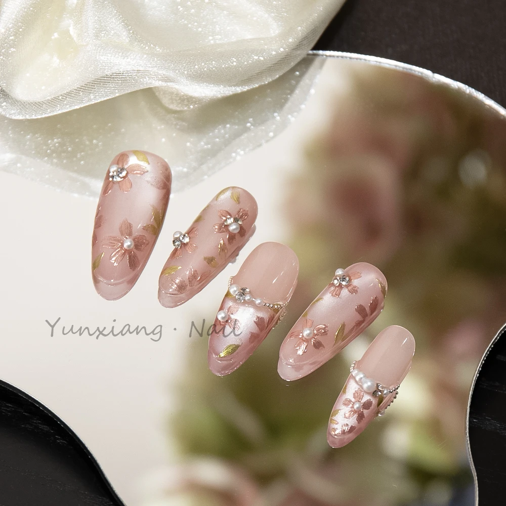 云响·Nail·「春日繁花」新中式手绘冰透猫眼繁花珍珠手工穿戴甲