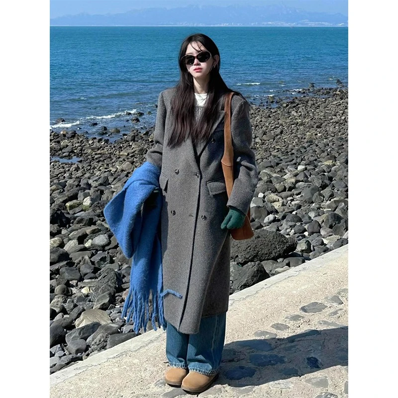 灰色毛呢大衣女高级感2025秋冬新款正肩显瘦韩版加厚西装呢子外套