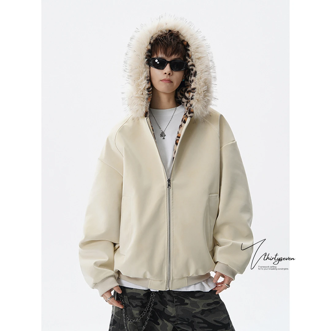 【毛茸茸】美式毛领皮夹克棉服外套男冬季设计感双面穿豹纹情侣棉衣