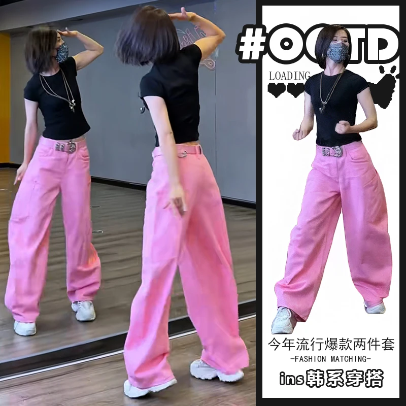 夏日辣妹风一整套修身T恤女宽松拖地长裤休闲裤低腰工装裤两件套