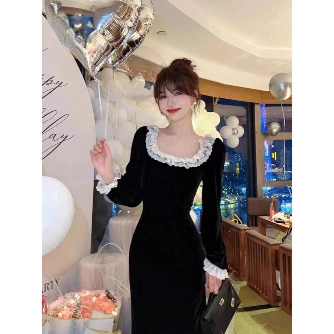 优雅千金花边领丝绒气质复古长裙赫本风小黑裙修身包臀鱼尾长裙子