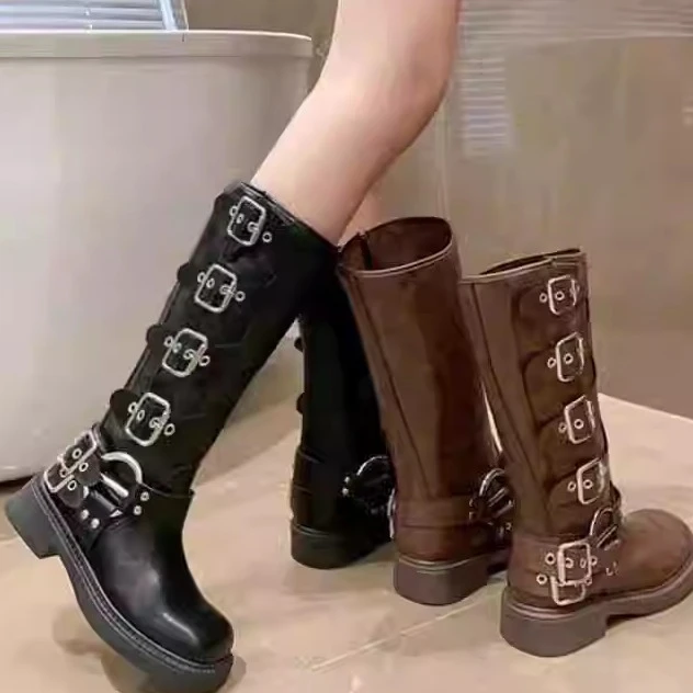 女士扣环细节粗跟西部牛仔休闲高筒靴H1-9