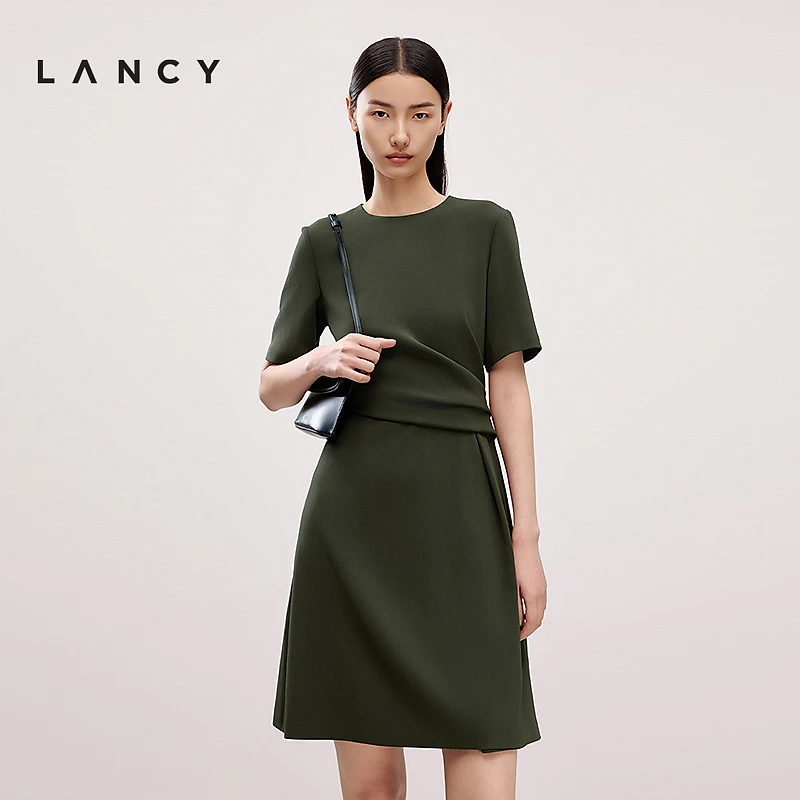 LANCY/朗姿2025夏季新款端庄大气腰部捏褶收腰修身连衣裙WOP059