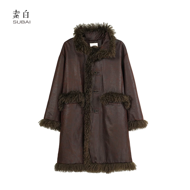 素白【宫四】F01910复古皮毛保暖油蜡质感防风拼接棉衣