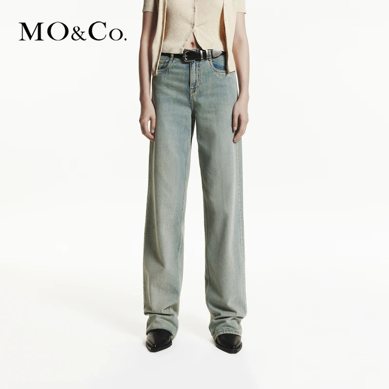 【赵老板专属】MOCO怀旧洗磨褪色及地直筒高腰棉质牛仔裤MBD3JEN011